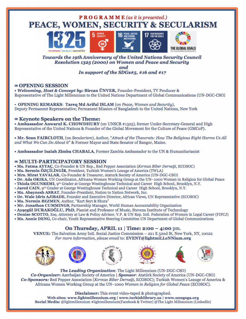 UNSCR#1325 on Peace, Women, Security and Secularism - 20th Anniversary Program (April 11, 2019